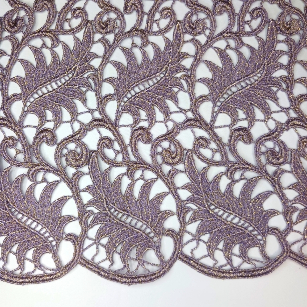 Heavy Lilac Purple with Gold Fleck Scalloped Lace Leaf Fabric.